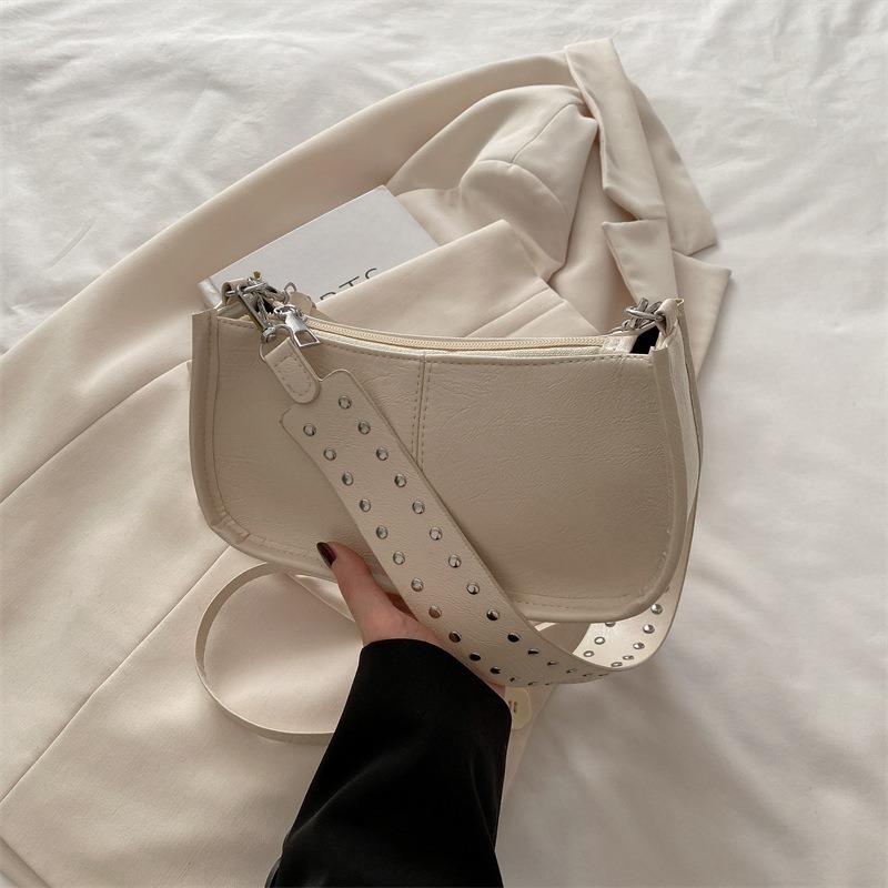 Premium Women's Bag, Simple Rivet Shoulder Bag, Fashionable Wide Shoulder Strap Bag, Versatile Texture, Trendy Messenger Handbag.