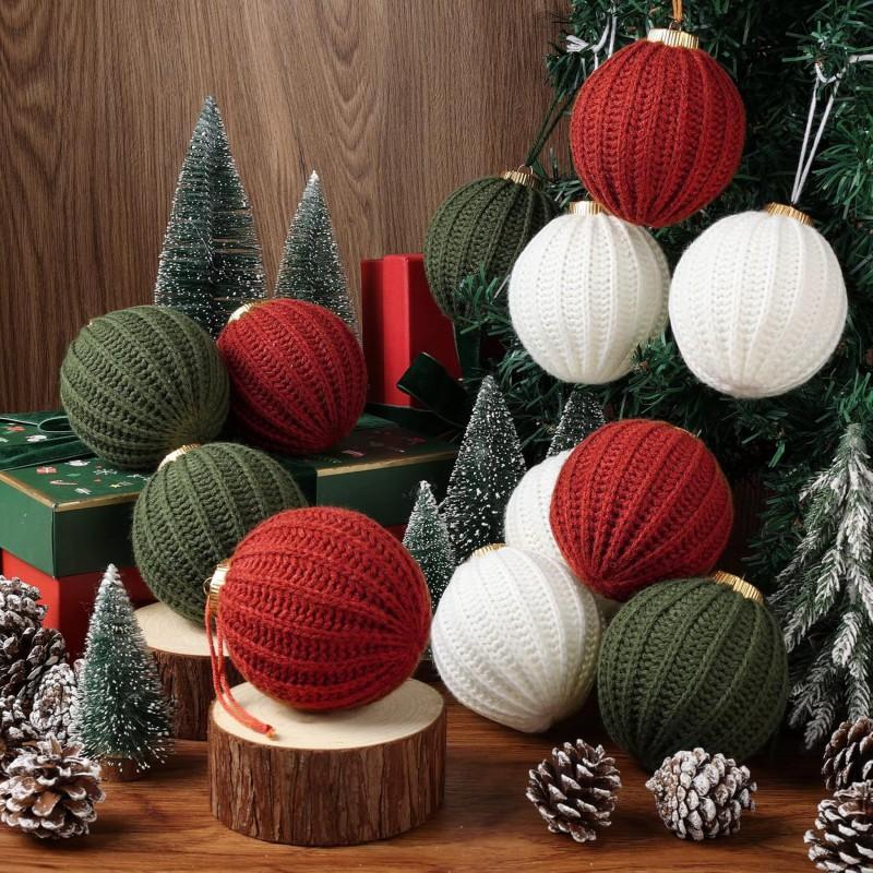 Handmade Knitted Christmas Ornament Balls Set Red Green White Tree Decor Holiday Home Festive Decoration