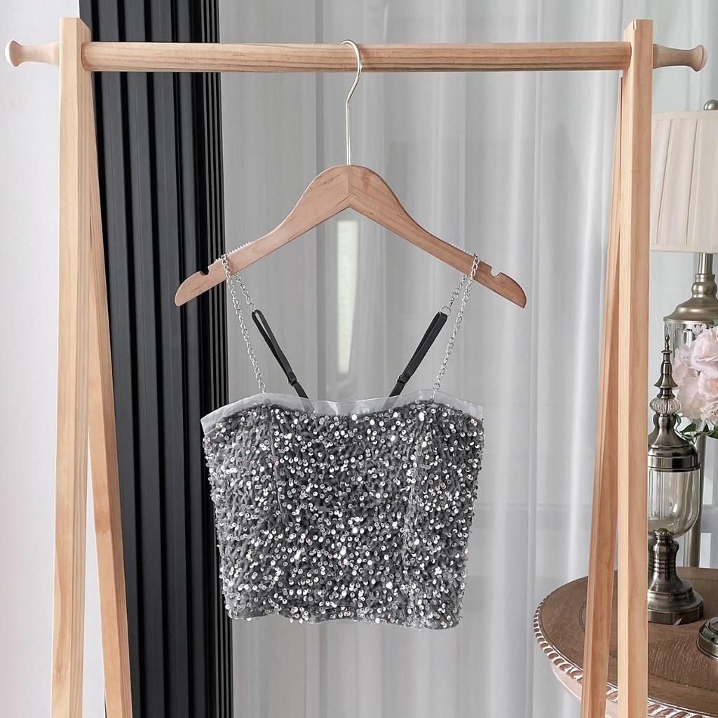 Sexy kovové retiazkové tielko Jednofarebné flitrované halterové crop topy Dámske letné tielka Bezchrbtové tielko Módne ležérne rúrkové Dámska bez rukávov skrátená vesta Y2K