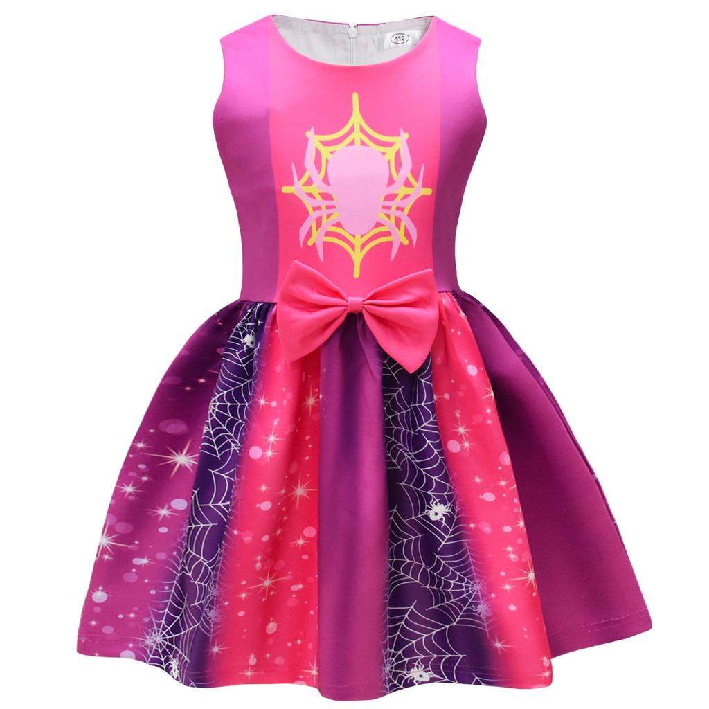 New Halloween Models, Sleeveless Girls' Skirts, Grid Cartoon Digital Printing, Bow Girls' Dresses + Bags.