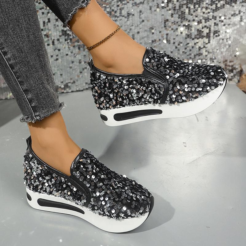 Shiny Sequin Platform Loafers for Women New Fashion Thick Sole Slip-On Sneakers Woman Lightweight Height Increasing Casual Shoes