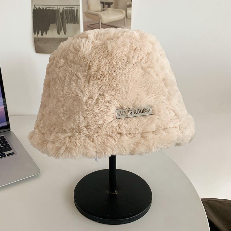 White Korean Style Bucket Hat For Women Warm And Lambswool Cozy