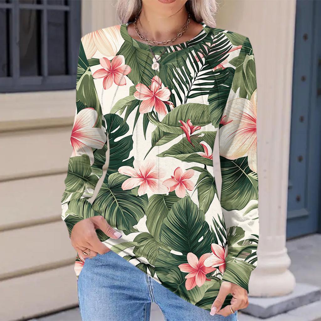 Women's Fashionable Casual Floral Retro Print Pleated Comfortable Round Neck Loose Long Sleeve T-shirt Top