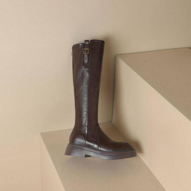 Korean version solid color rear zipper Martin boots thick-soled large-size women's boots comfortable medium heel non-slip leather boots square heel h