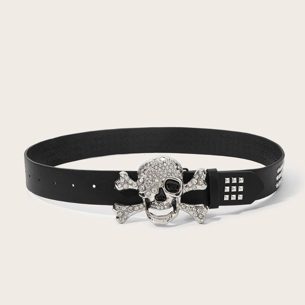 Rhinestone Skull Wide Waistband Adjustable Skeleton Belt Vintage Black Rivet Belt Men