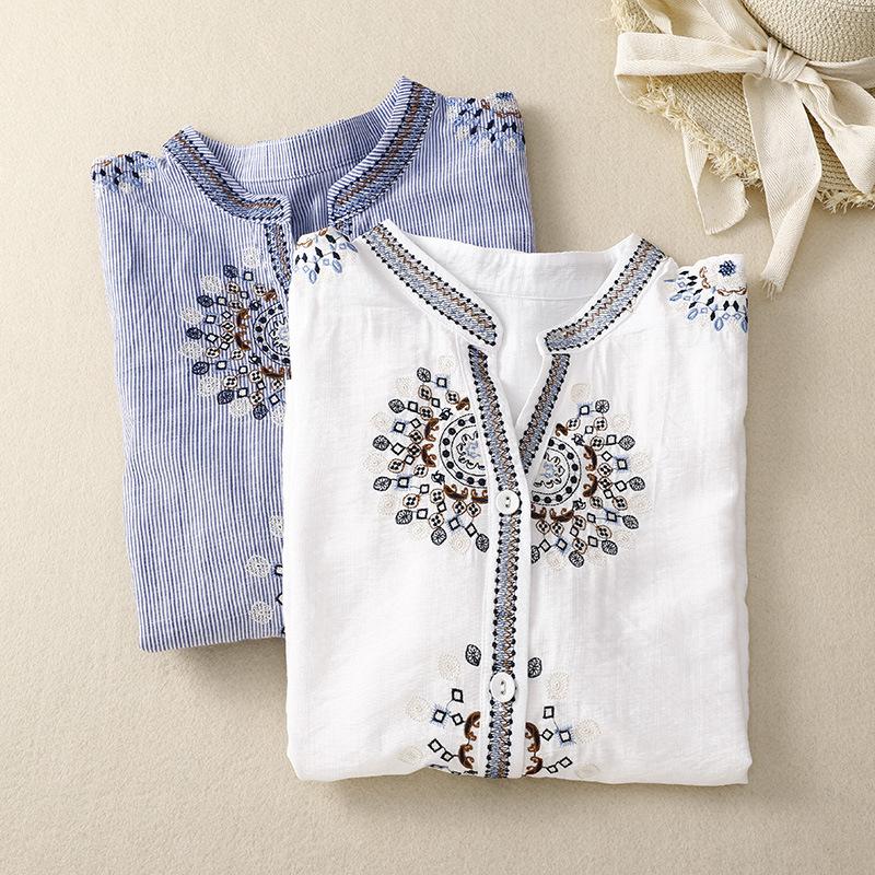 Camicia da Donna Estiva Vintage Larga Ricamata Floreale con Collo Rialzato Manica a Cinque Quarti