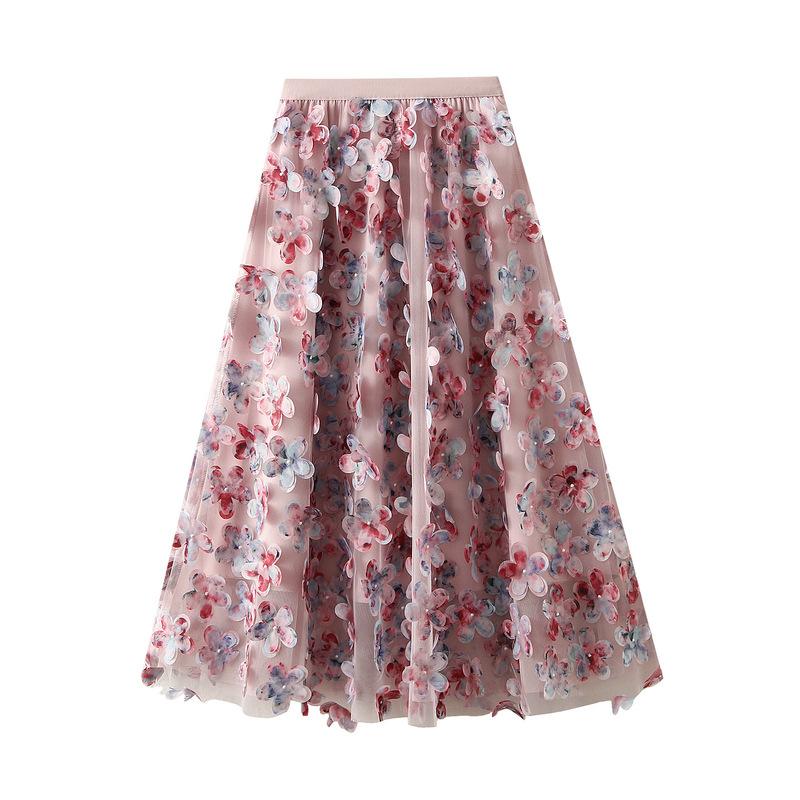 

Qooth Heavy Embellishment 3D Floral Tulle Skirt Fairy A-Line Layered Mesh Maxi Skirt QT2754 One Size розовый