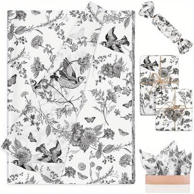1set/ 50pcs Black Floral Tissue Paper Flower Bird Butterfly Gift Wrap, DIY Crafts Packaging Wedding Birthday Dress Up, 13.7 X 19.6 Inches