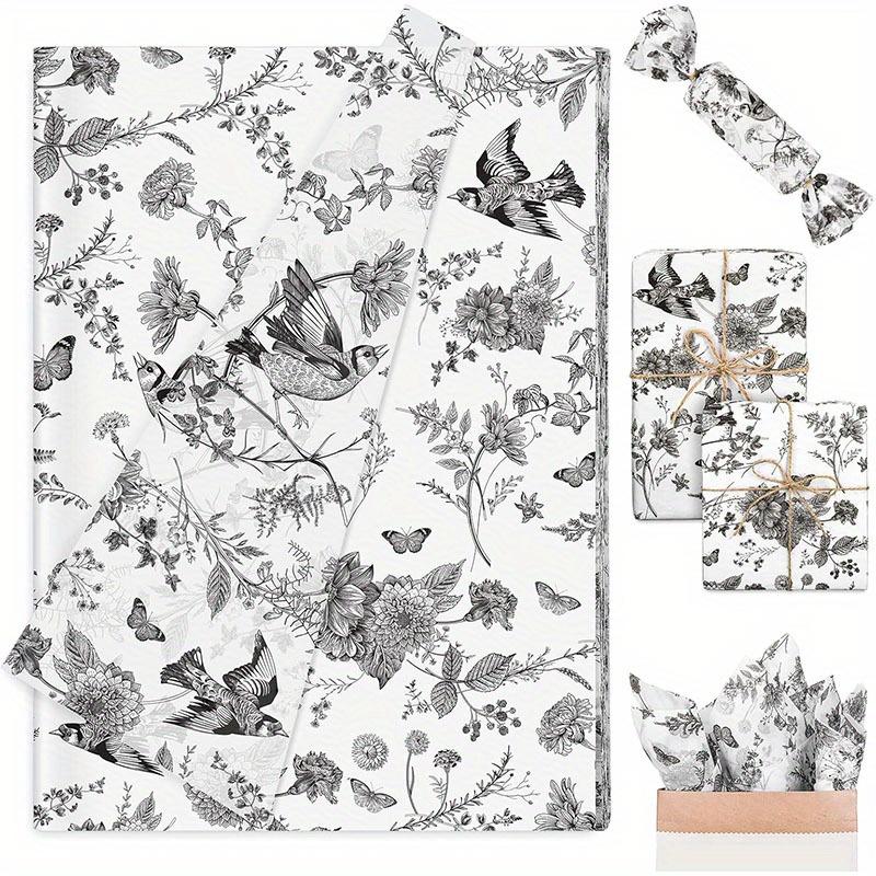 1set/ 50pcs Black Floral Tissue Paper Flower Bird Butterfly Gift Wrap, DIY Crafts Packaging Wedding Birthday Dress Up, 13.7 X 19.6 Inches