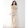 Women's Summer Square Neck Pleated Puff Sleeve Shirt & Long Pants Two-Piece Set