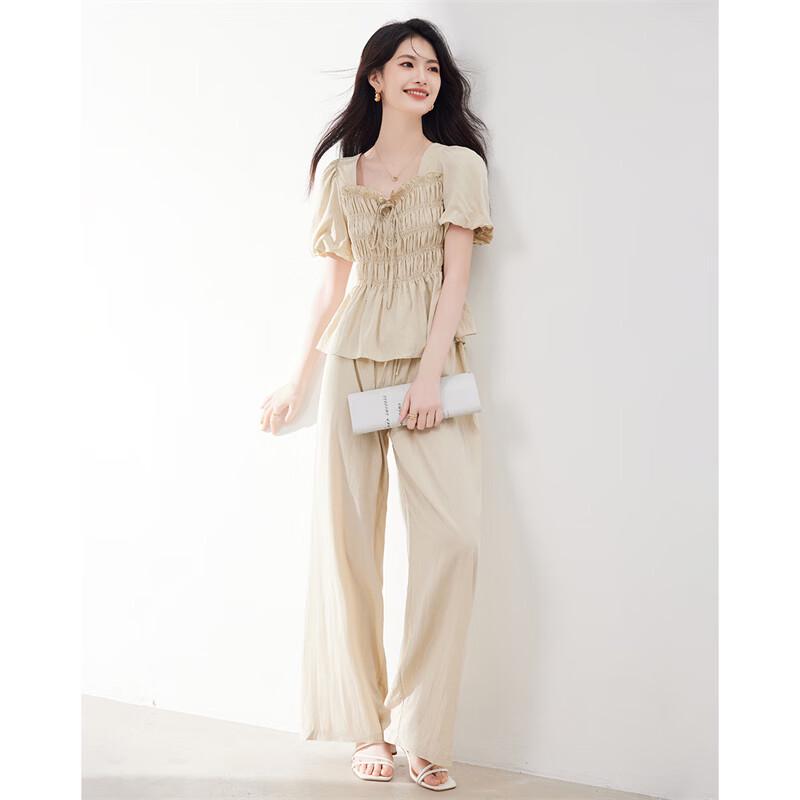 Women's Summer Square Neck Pleated Puff Sleeve Shirt & Long Pants Two-Piece Set