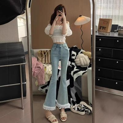 Lace Lace Micro Flare Jeans Female Summer Sweet High-waisted Skinny Flare Nine-minute Pants Retro High Waist Street Style Baggy Long Jeans for Ladies