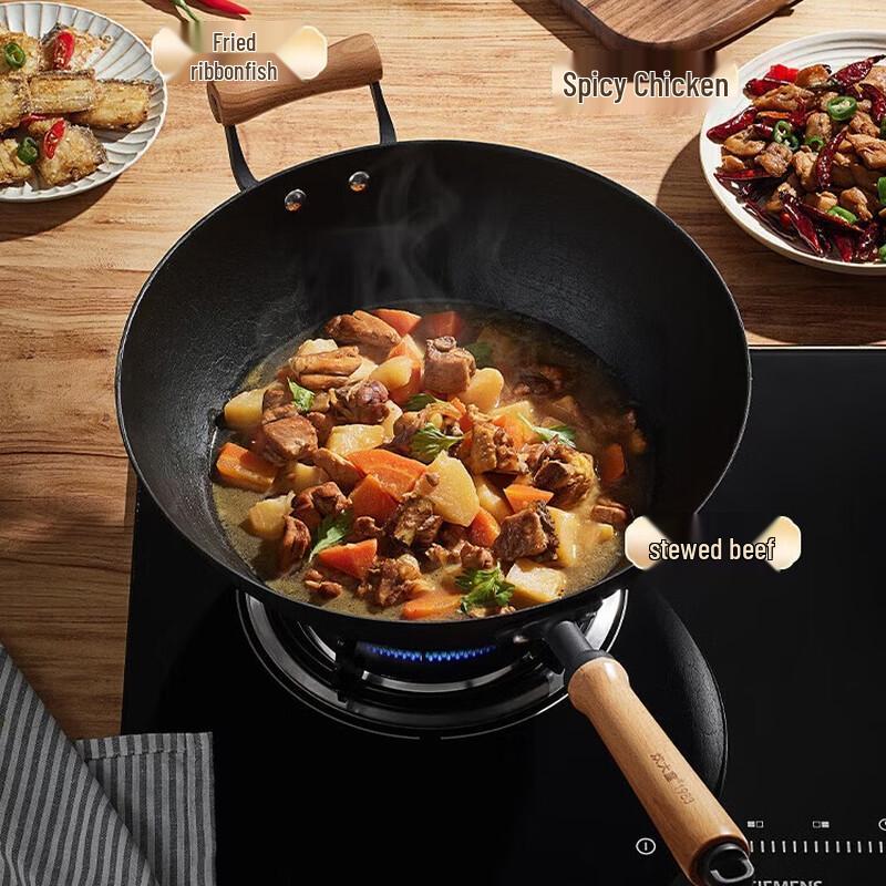COOKER KING FY34NMP Ancient Mud Film Cast Iron Flat-Bottom Wok