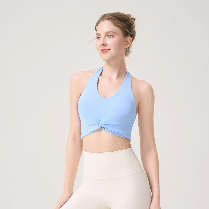 

Pleat Yoga Hanging Neck Vest Strap Chest Pad Beauty Back Medium Strength Sports Bra Shockproof Training Fitness Underwear Push up M Iceland Blue(Fixed Cup)