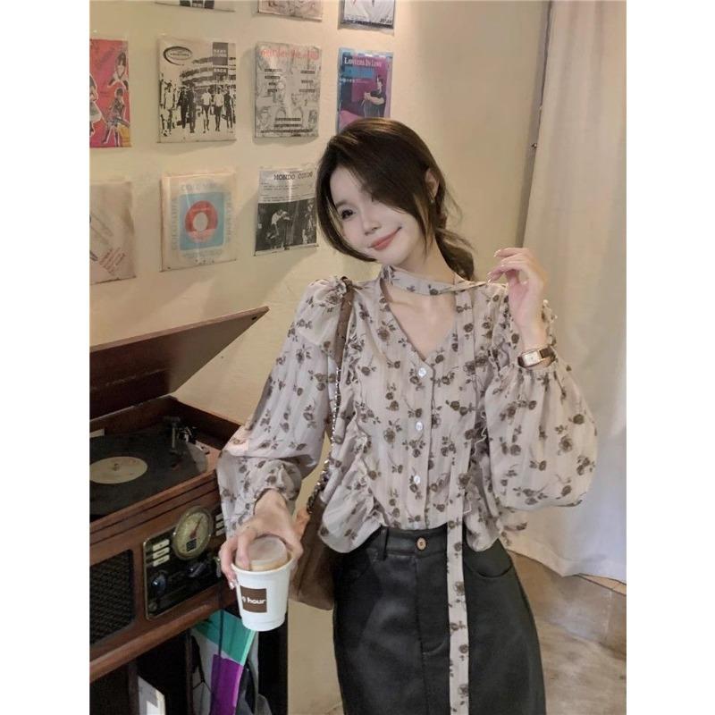 Lace Up Ruffle Edge Floral Shirt Women's Long Sleeve V-neck Female's Single Breaste Blouse French Gentle Lady's Chic Top