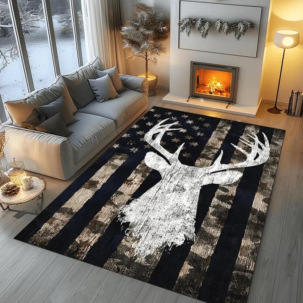 Retro Deer Pattern Carpet Mat - Nordic Style Home Decoration Carpet Suitable for Living Room  Bedroom Animal Printed Floor Mat