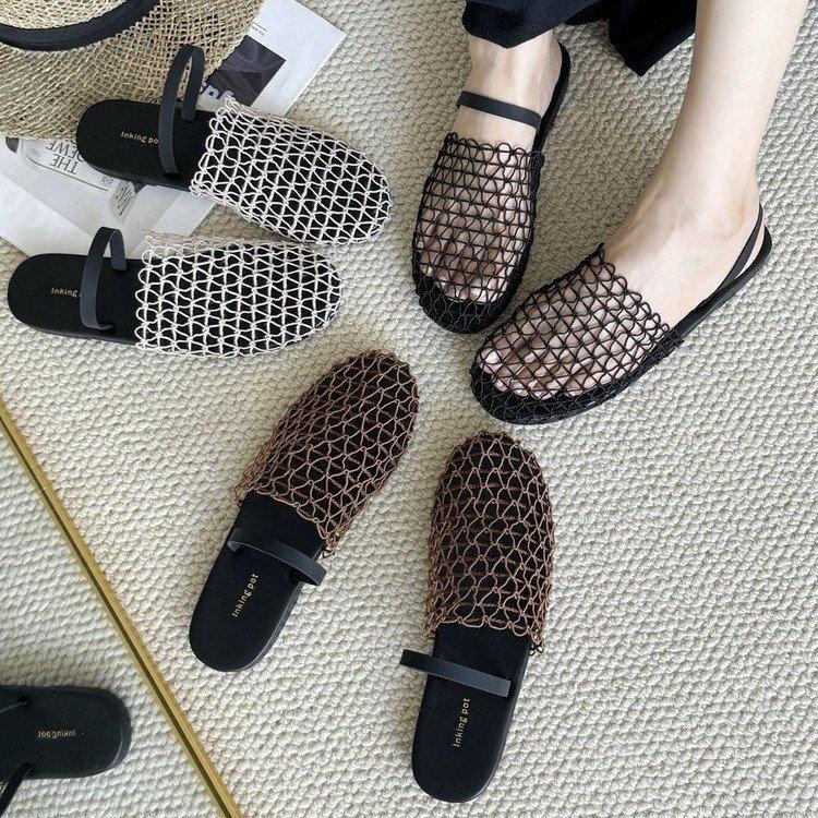 Closed Toe Mesh Hollow Out Flat Gladiator Sandals Women Weaving Design Lazy Mules Summer Outwear Vacation Sandy Beach Shoes