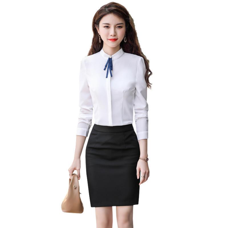 Women's Professional White Stand-up Collar Long Sleeve Uniform Shirt