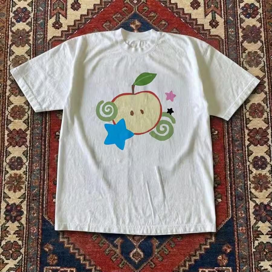 Men Casual Oversized T‑Shirt Vintage White Short Sleeve Top Kawaii Y2K Pastel Apple Slice Star Swirl Print Cottagecore Soft Girl Daily Tees