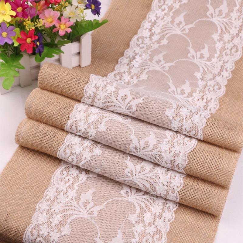 Hot! 30X275CM Vintage Lace Jute Table Runner Burlap Party Supplies Wedding Festival Decoration Chair