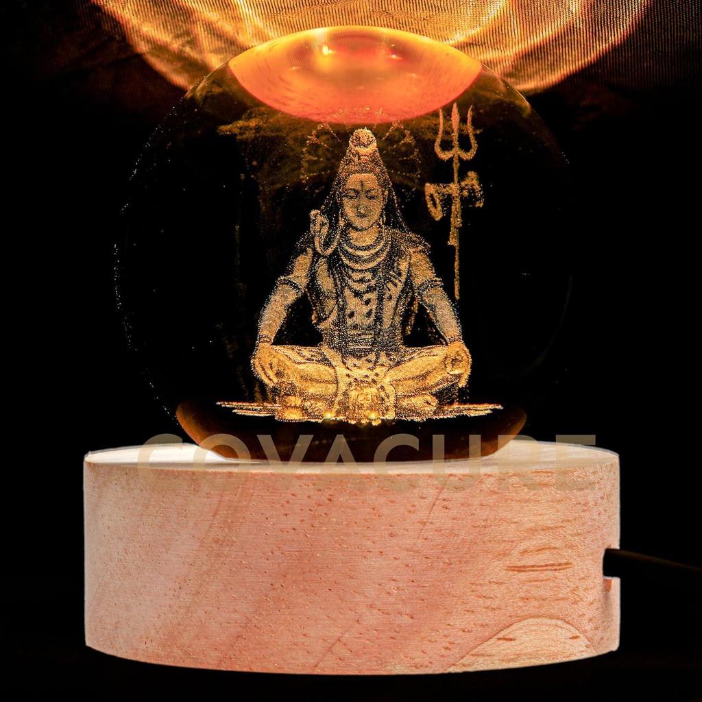 3D Shiv Crystal Ball Night Lamp, Solar System Shiv Idol Crystal Ball Night Light, USB Table Colorful LED Wooden Base Lamp for Home
