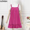 VONDA Summer Women Strap Sleeveless Solid Color Lotus Leaf Hem Casual Thin Mini Dress