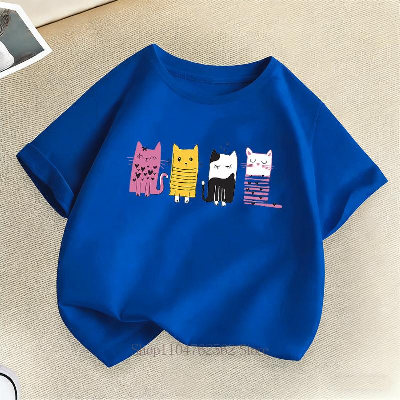 Cute Cat Print Children T-shirts Summer Girls Boys Casual Fashion Kawaii Short Sleeve Tops O-Neck Colorful Kids T-shirts