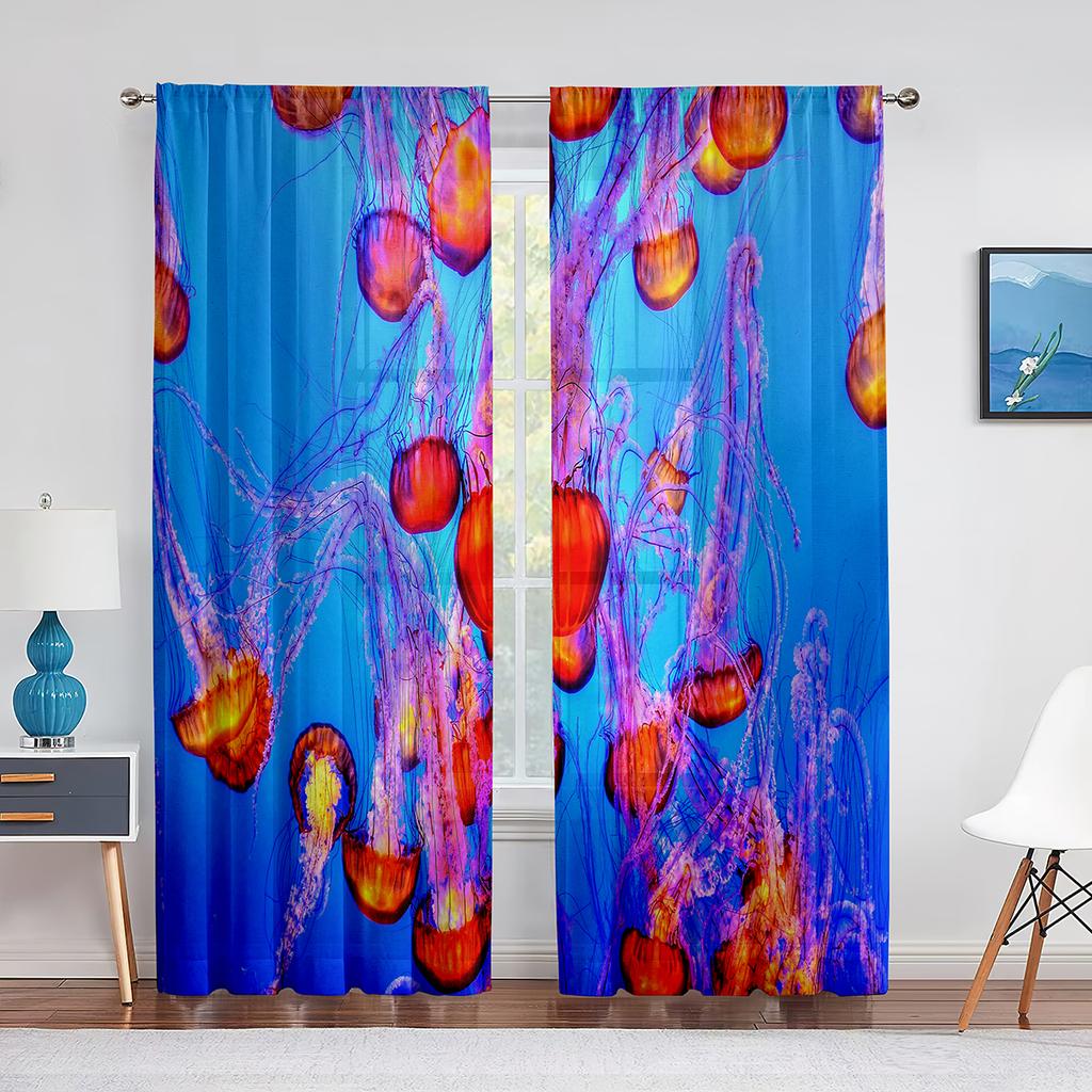 Jellyfish In The Deep Ocean Window Tulle Curtains Foamy Dreamy Blue Ocean Sheer Voile Curtain for Living Room Bedroom Decoration