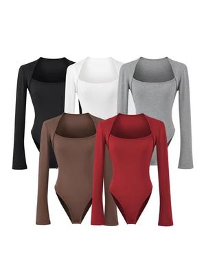 Elegant Square Neck Slim-Fit Long Sleeve Bodysuit for Women