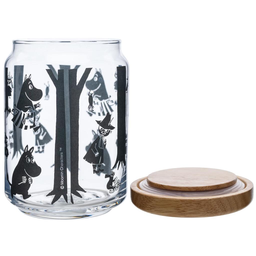 Takasaka International Japan Moomin Glass Canister with Wooden Made in Wooden Lid, Japan, Pattern, 640ml, Clear, MM-G23-005