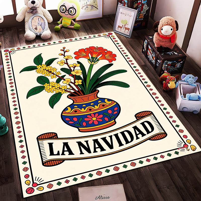 Blumenvase Druck Teppich mit "La Navidad" Text und festlichem Design Geeignet für den Einsatz als Anti-Rutsch für Wohnzimmer Schlafzimmer Sofas