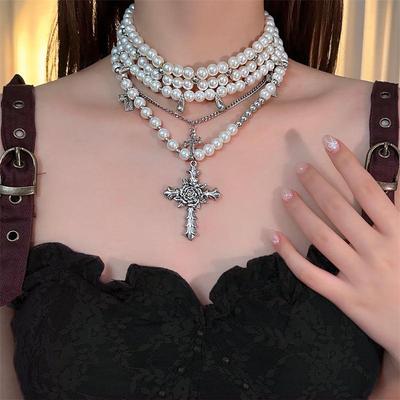 Retro Rose Kreuz Mehrschichtige Schlüsselbein-Halskette für Damen