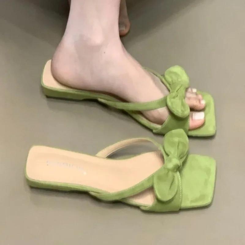 Fashion Bow Women Flats Slippers Square Toe Summer Shoes Fashion 2025 New Sandals Slingback Woman Shoes Dress Zapatillas Sandalias Mujer