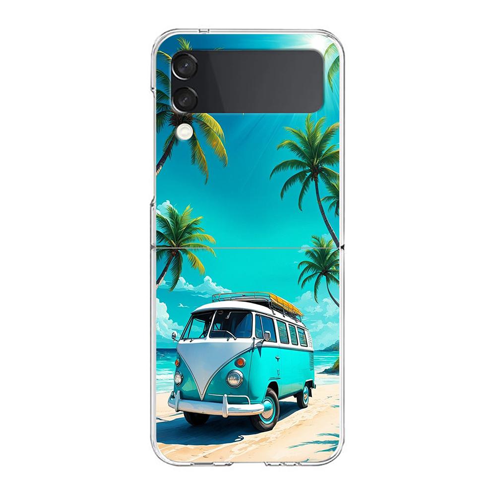 Phone Cover For Samsung Galaxy Z Flip 7 6 5 4 Case Transparent For Samsung Z Flip 3 Hard PC Foldable Sunset Coconut Tree Pattern