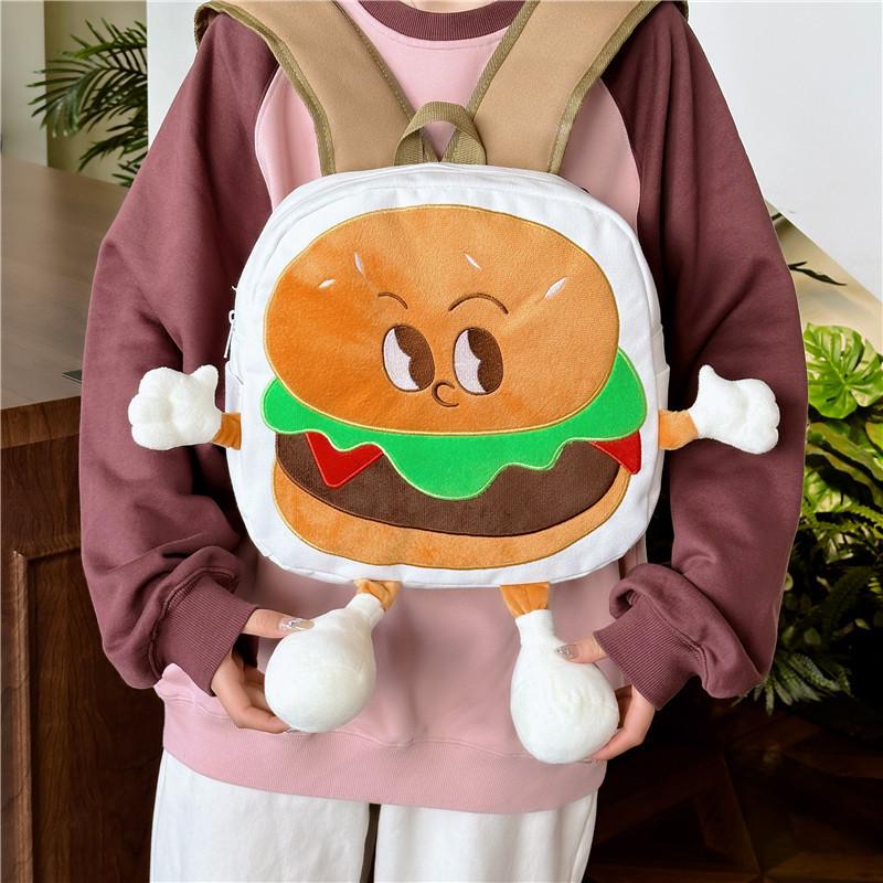 

Hamburger Cartoon Canvas Backpack With Large Capacity For Students And Girls