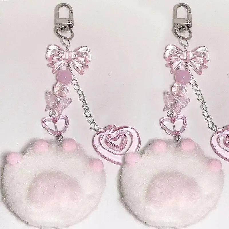 Korean Cute Plush Cartoon Cat Claw Keychain Soft Pink Key Ring Pendant Backpack Car Pendant Decoration Keyholder Lolita Girls