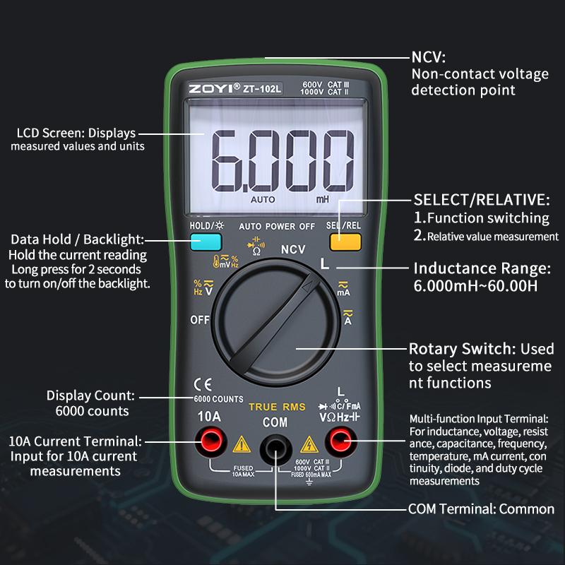 ZOYI 102L High Precision Inductance Meter & Multimeter Tester, True RMS, 6000 Counts, 60H, AC/DC Current/Voltage Tester