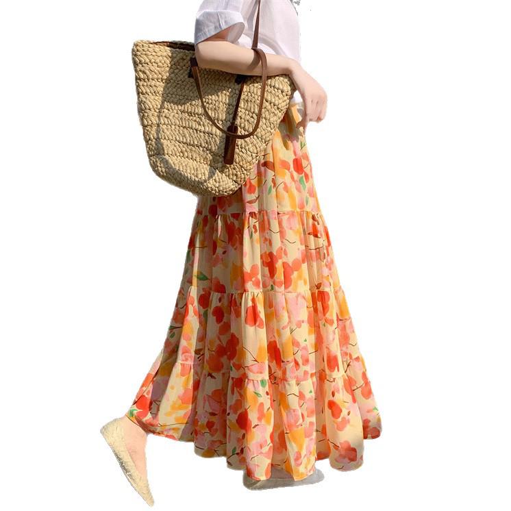 Feiyuan Bohemian Pastoral Chiffon Midi Skirt, One Size, A-line Swing Design for Vacation Style