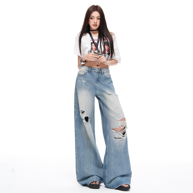 American retro ripped jeans women's new European and American personality high waist loose straight mopping wide leg pants