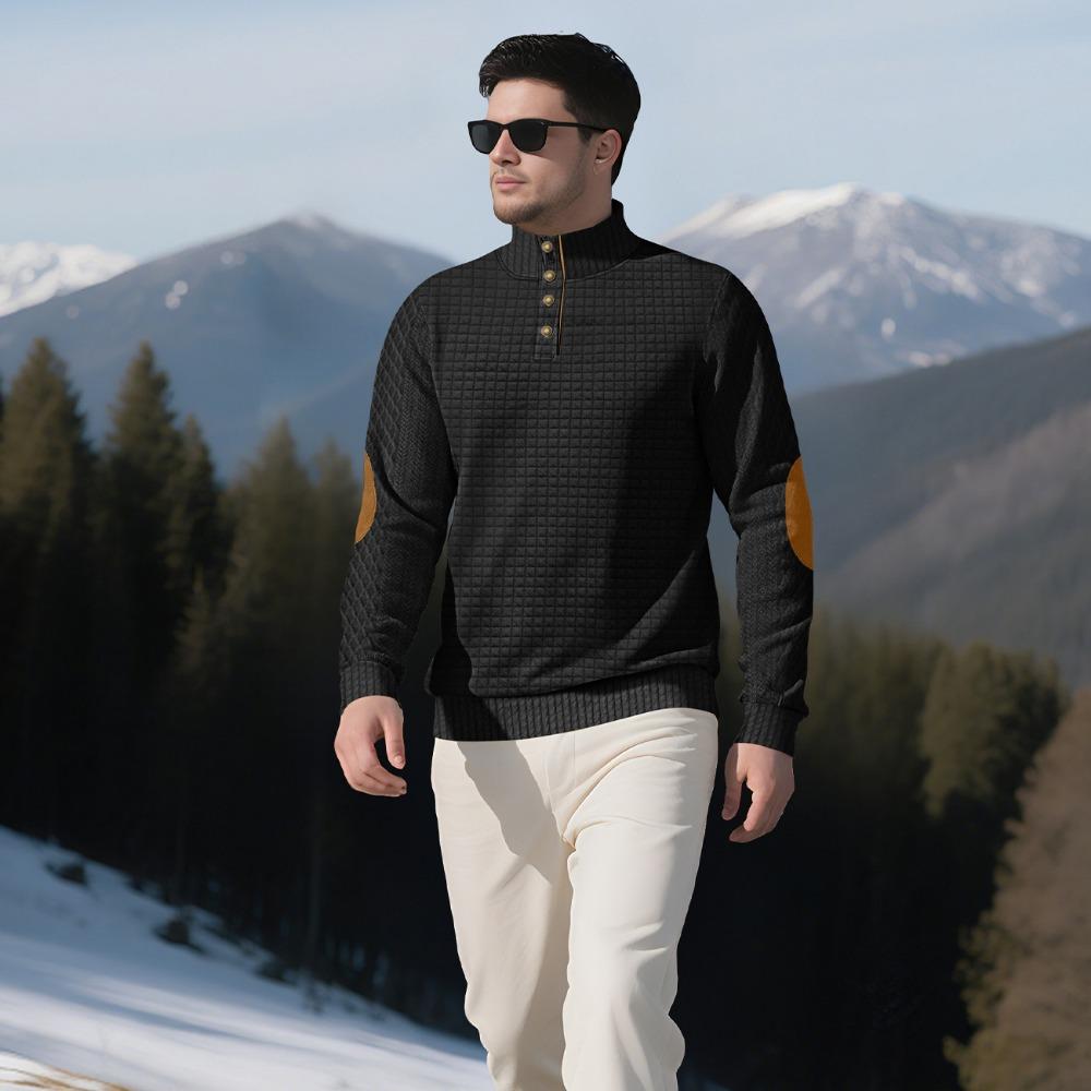 Autumn and Winter Men's New Square Grid Men's Stand Up Collar Single Breasted Casual Long Sleeved Sweatshirt