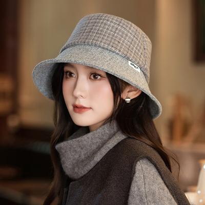 Big Brim Showing Face Small Bucket Hat Autumn and Winter Hat Women's Plaid Bucket Hat Fashion Temperament Basin Hat