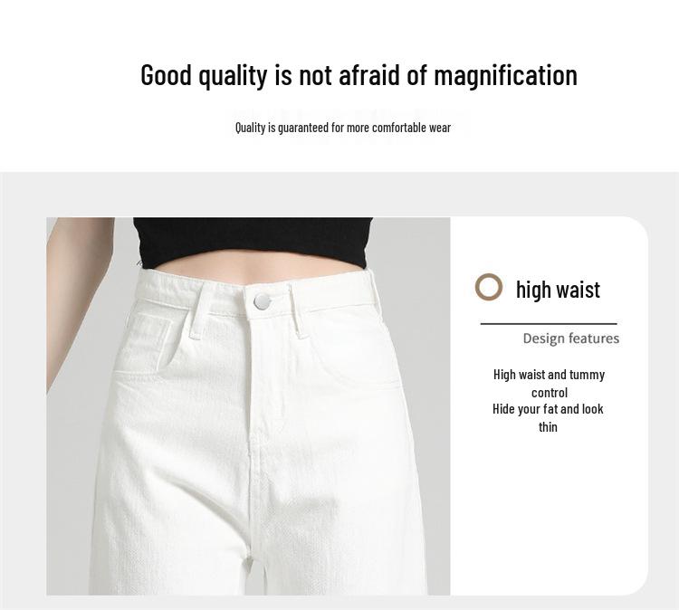 Dámské zeštíhlující bílé džíny s vysokým pasem - Kolekce jaro/léto 2025, Drobné kalhoty s širokými nohavicemi splývavé délky až na zem