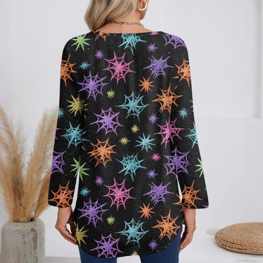 Ladies' Fashionable And Casual Halloween Printed T-shirt Long Sleeved V-neck Mid Length Top
