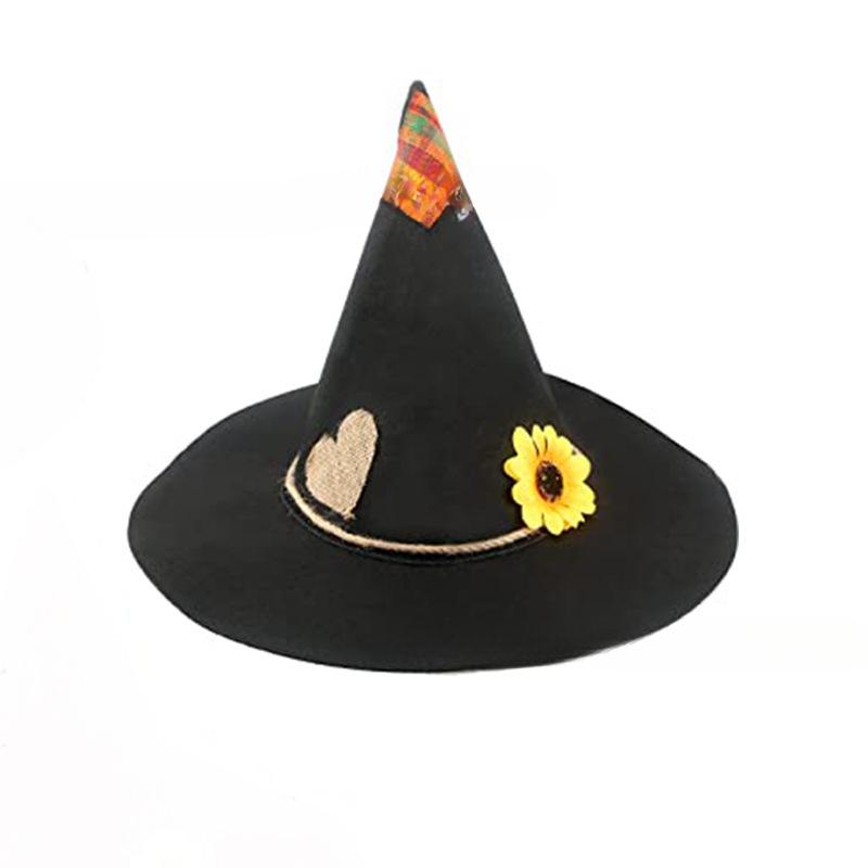 Felt Witch Hat Orgy Halloween Sunflower Hemp Rope Patch Felt Hat Witch Pointed Horn Hat Rice Straw Hat