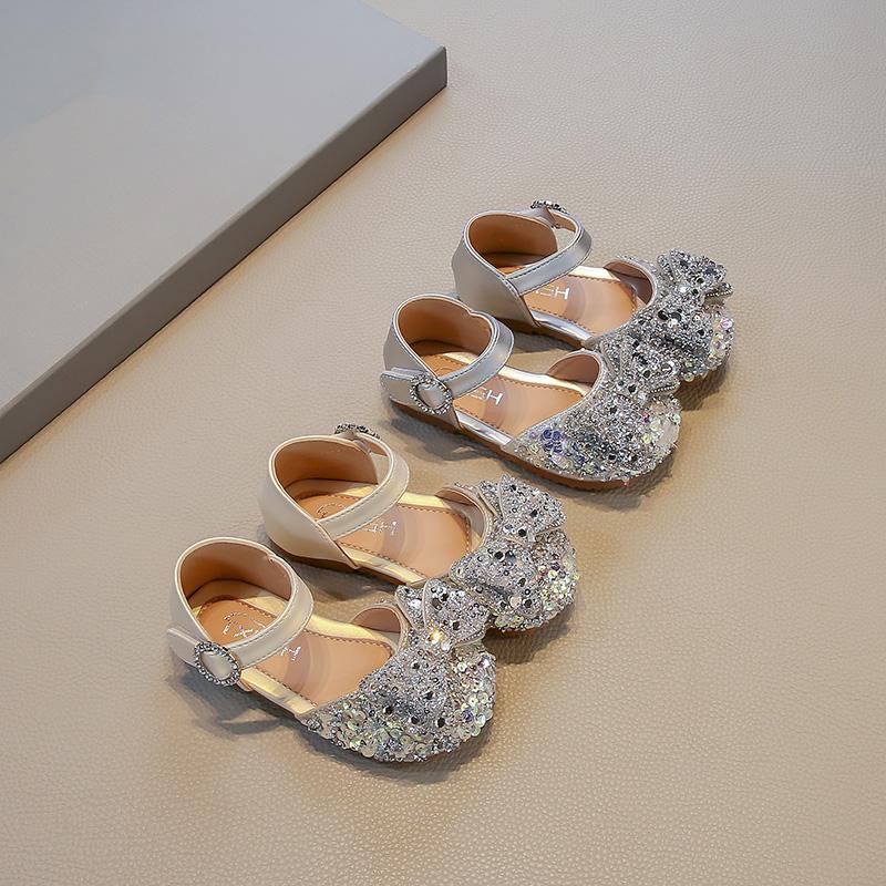 Spring/Summer New Korean Edition Girls' Half Sandals, Baby Girls' Bow Princess Shoes, Girls' Sparkling Dance Performance