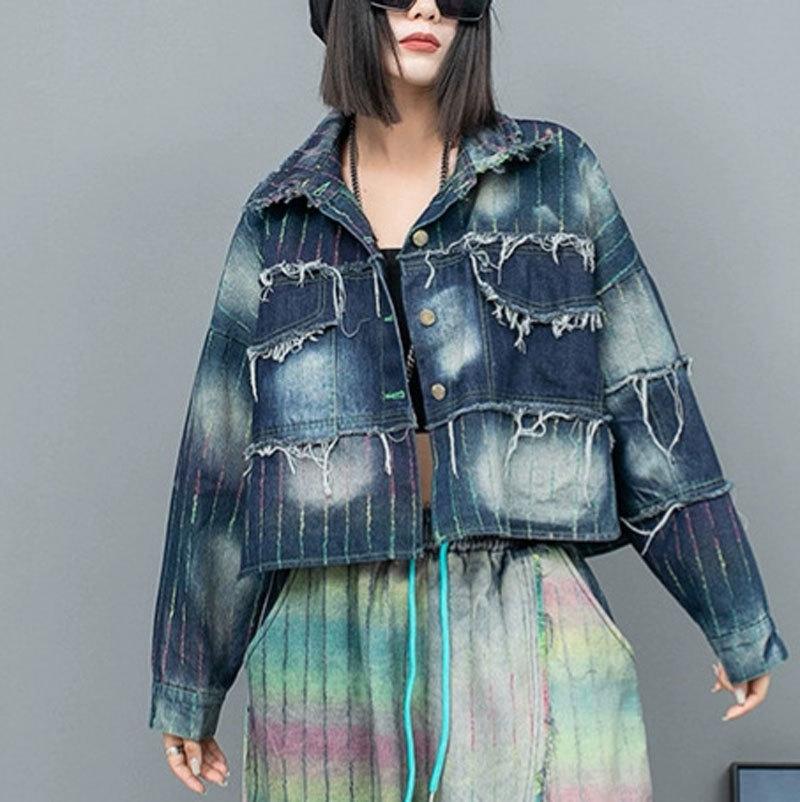Do Old Color Strips Denim Lapel Collar Long-sleeved Short Jacket Large Crotch Pants Two-piece Set Women's Spring and Autumn Fashion Suit European Good