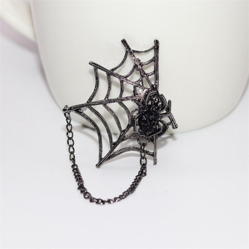Punk Spiders Net Lapel Pin with Chain Halloween Costume Jewelry Accessories for Women Men, Punk Chain Brooch Lapel Pin