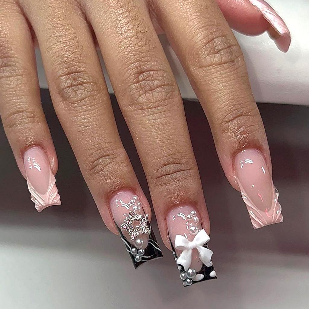 24Pcs Blush Pink Almond Press On Nails With 3D Bowknots Glossy Full Cover False Nail Tips Sweet For Women Girls