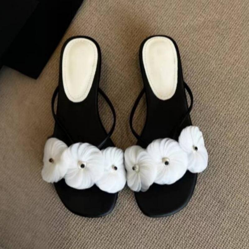 Fashion Flower Casual Flip Flops Shoes Woman Clip Toe Slippers Square Toe Women Heeled Sandals 2025 Trend Summer Elegant Dress Sandalias
