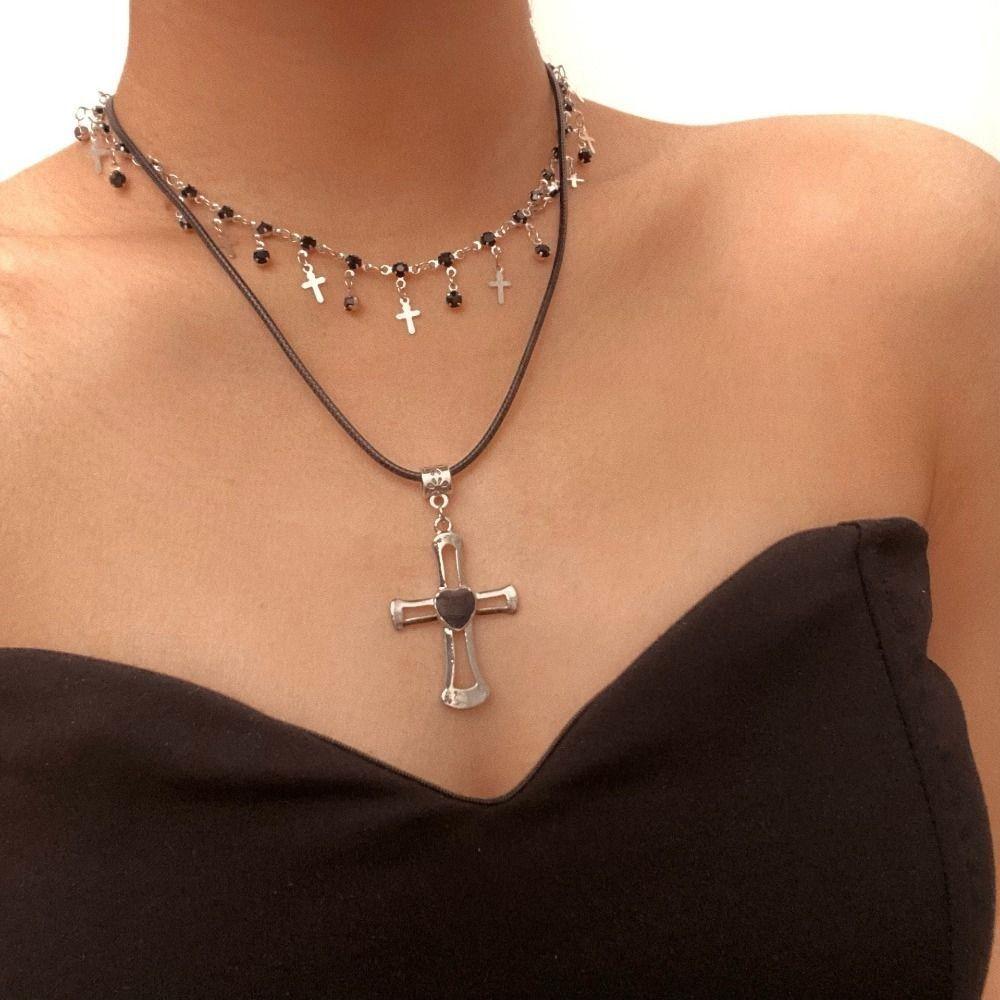 Heart Cross Pendant Choker Necklace Gothic Neck Jewelry Creative Double Layer Necklace  Girls
